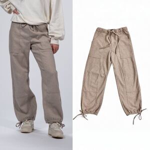 ZARA Taupe Brushed Fleece Jogger Pants Women’s S Patch Pocket Tie Hem